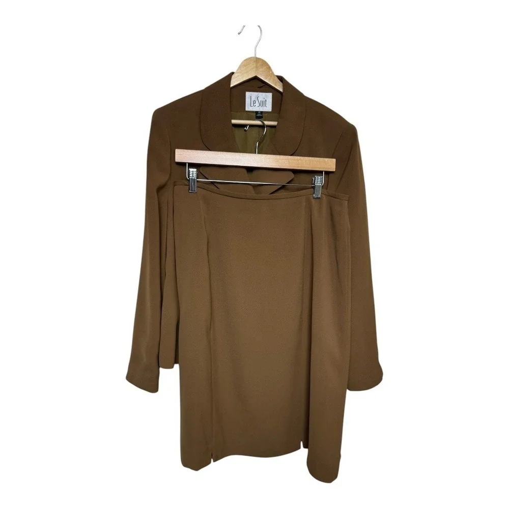 Le Suit Brown Double Breasted Blazer Skirt Suit Set Women Size 14 Career Office